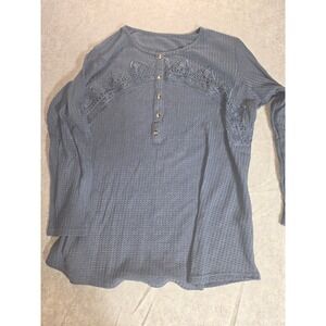 Waffle Knit Henley Top Gray Crochet Lace Long Sleeve 2XL Boho Casual Shirt